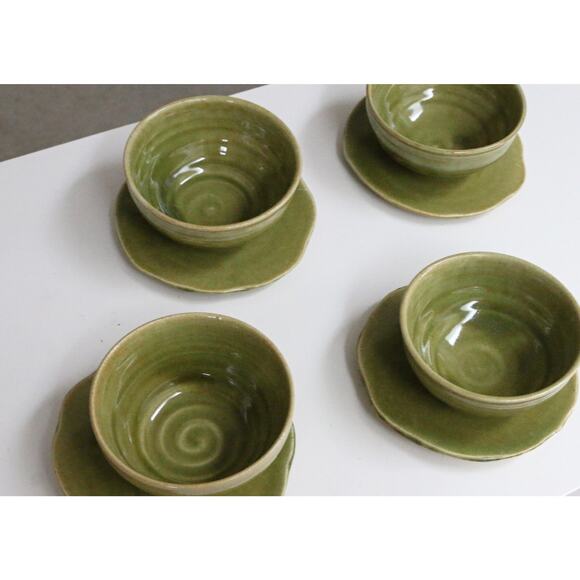 1980's Vintage Hand Thrown PS Signed 8 Piece Olive Glazed Bowl & Plate Set 80's - Picture 4 of 8